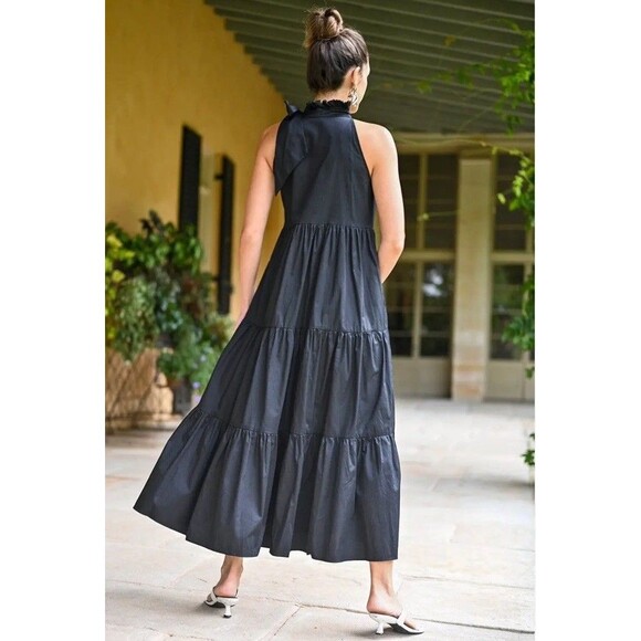 WYATT WYLDE Maxi Dress Large L Black Womens Helena Tie Neck Pockets Cotton New - Picture 2 of 13
